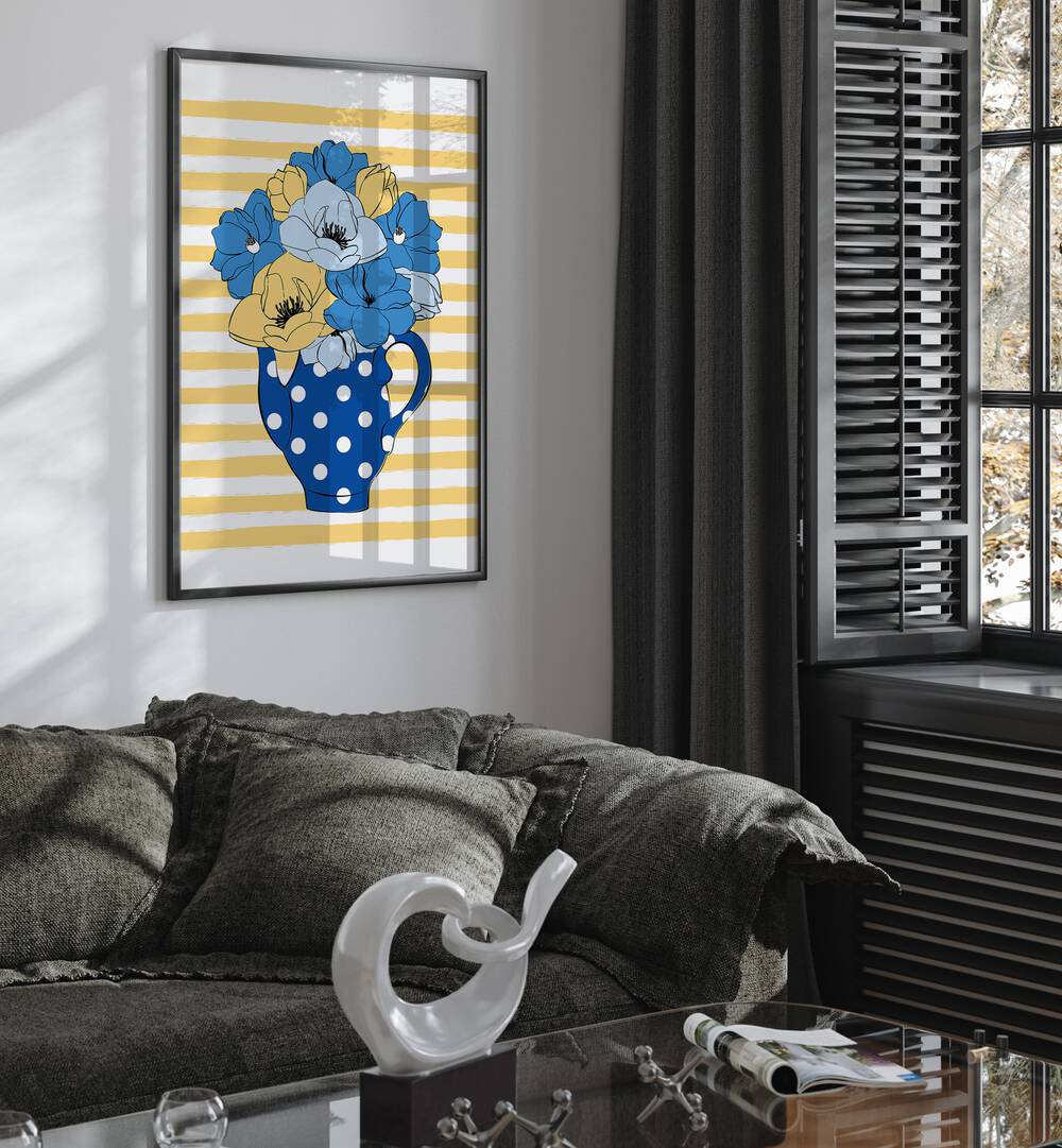 Bright blue flowers in a vase create a stunning focal point, perfect for floral flower paintings lovers.