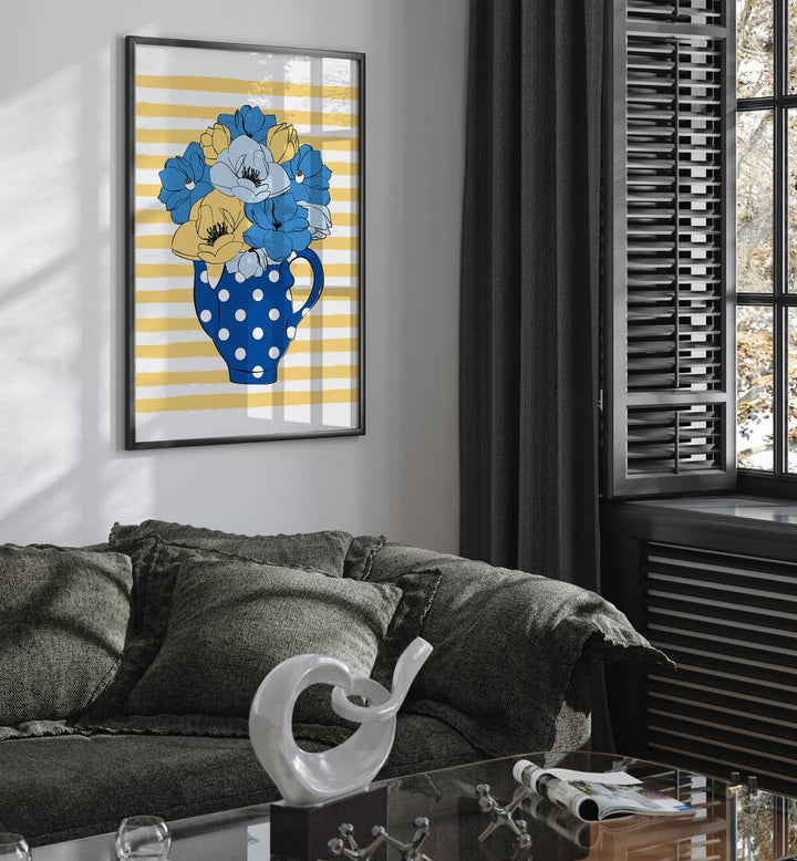 Bright blue flowers in a vase create a stunning focal point, perfect for floral flower paintings lovers.