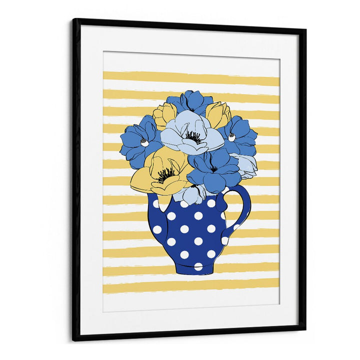 Bright blue flowers in a polka dot vase, featured in floral flower paintings by Martina, adding nature's charm to any space.