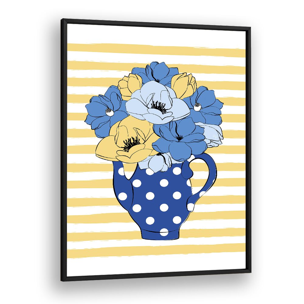 Bright blue flowers in a polka-dotted vase showcase the elegance of floral flower paintings by Martina.