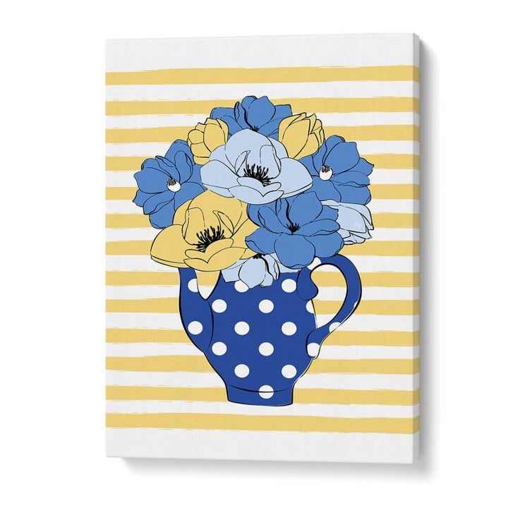 Bright blue flowers in a polka dot vase, perfect for enhancing your space with BLUE FLOWERS, FLORAL FLOWER PAINTINGS.