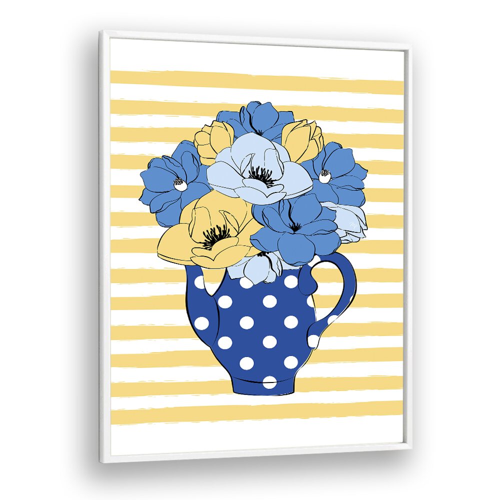 Bright blue flowers in a polka dot vase, perfect for enhancing decor with FLORAL FLOWER PAINTINGS by Martina.