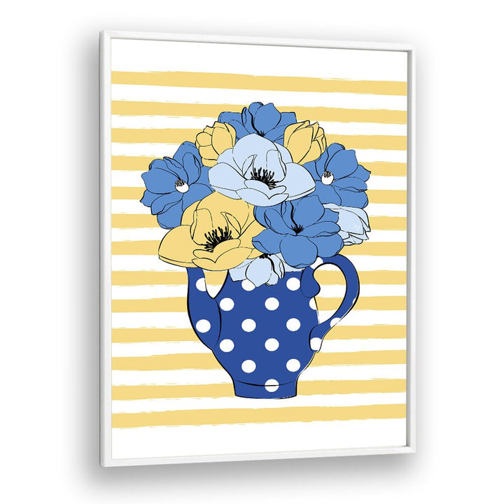 Bright blue flowers in a polka dot vase, perfect for enhancing decor with FLORAL FLOWER PAINTINGS by Martina.