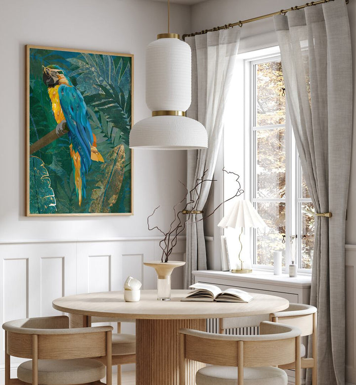 Vibrant BLUE PARROT IN THE RAINFOREST, ANIMAL PAINTINGS by Sarah Manovski, perfect for nature lovers’ decor.