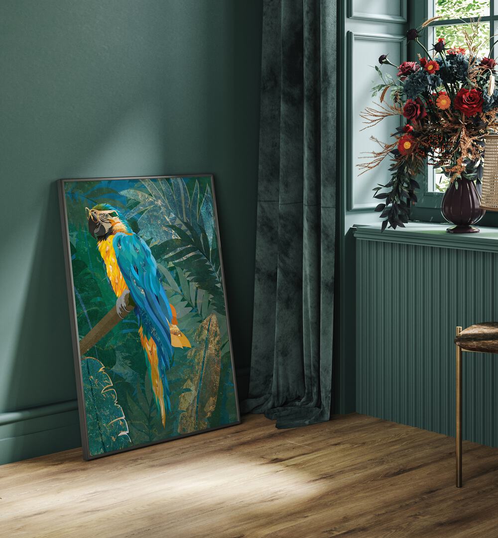 Vibrant BLUE PARROT IN THE RAINFOREST, ANIMAL PAINTINGS by Sarah Manovski adds beauty to any space.
