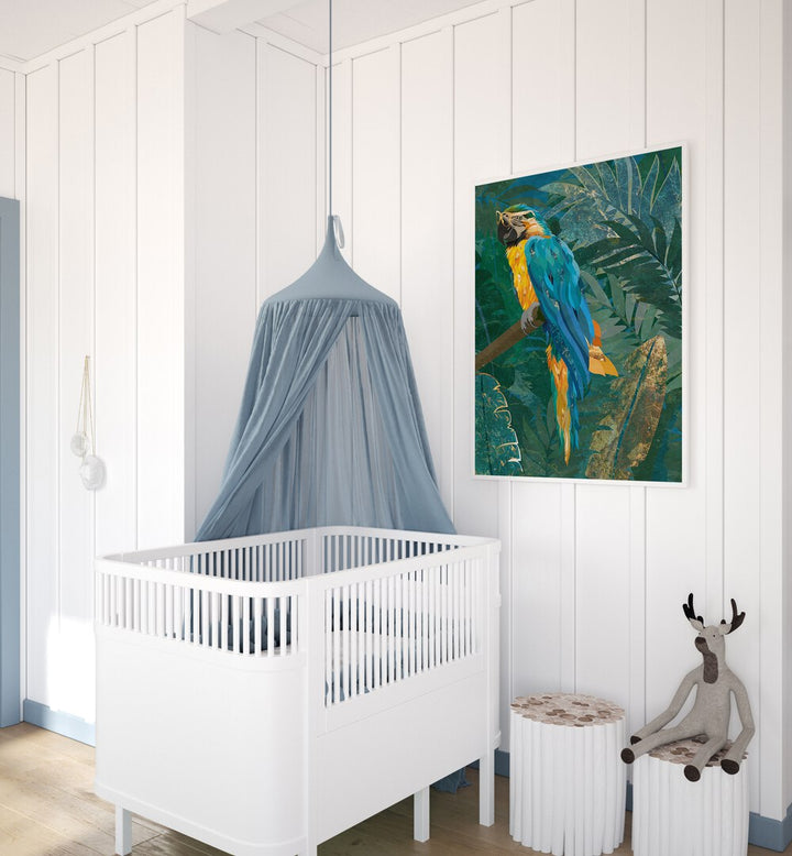 Vibrant BLUE PARROT IN THE RAINFOREST, ANIMAL PAINTINGS by Sarah Manovski adds beauty to any space. Perfect for nature lovers!