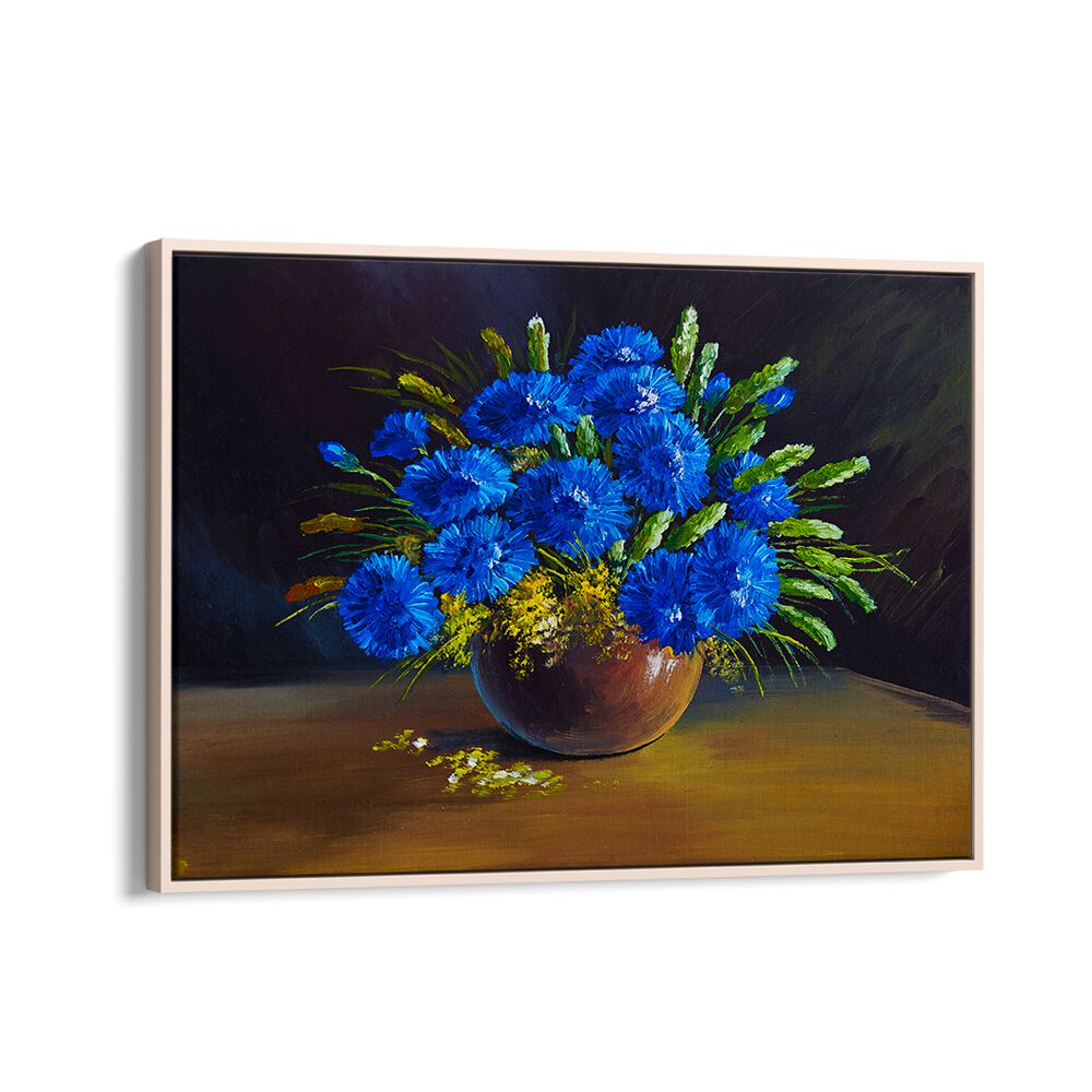 Stunning BLUE PETALS, VINTAGE EUROPEAN PAINTINGS in an oak wood floater frame, perfect for elegant home decor.