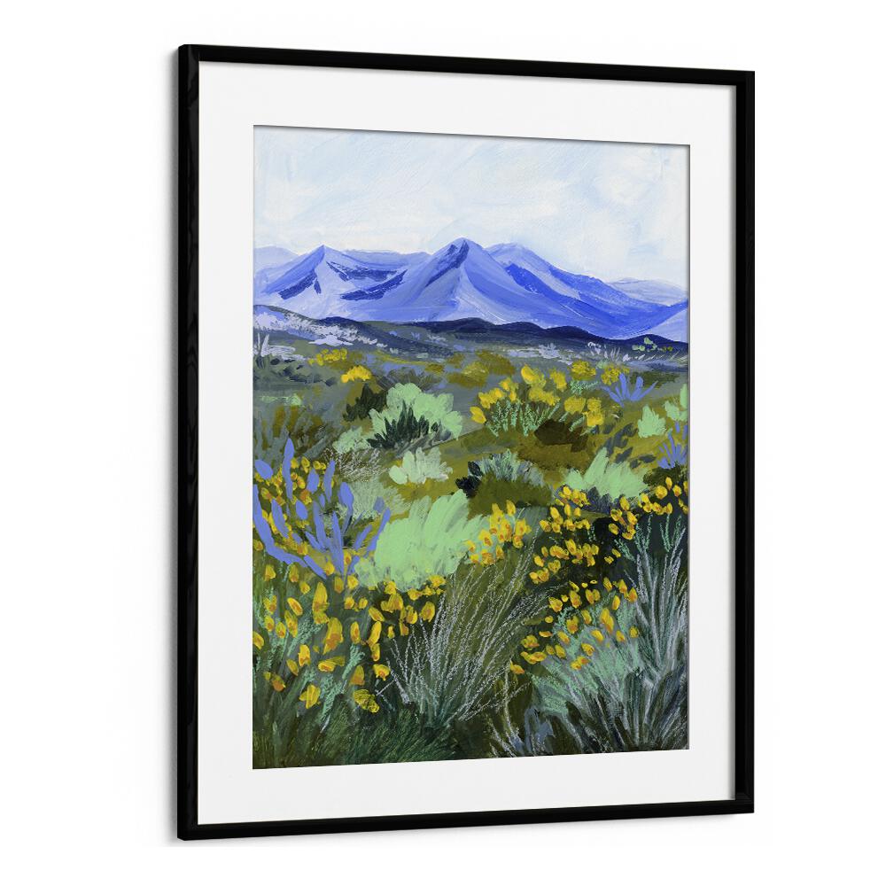 Captivating BLUE VALLEY, LANDSCAPE PAINTINGS by Sarah Gesek, framed art print showcasing vibrant nature hues.