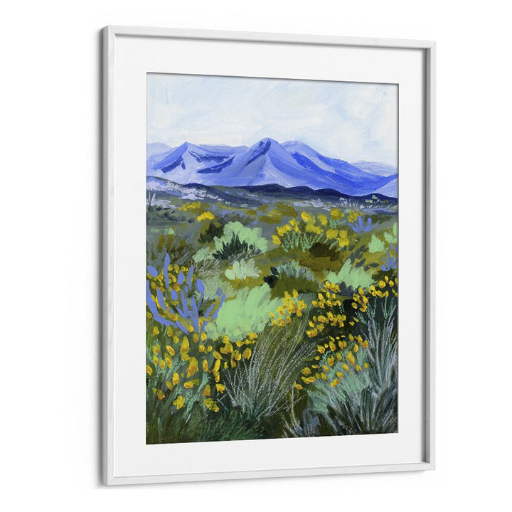 Captivating BLUE VALLEY, LANDSCAPE PAINTINGS by Sarah Gesek, featuring vibrant nature in a white frame. Transform your space!