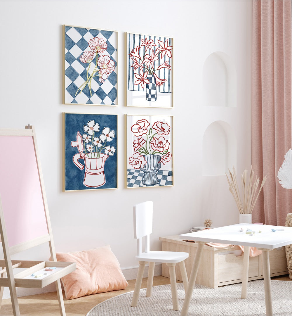 Elegant blue floral botanical gallery wall art, perfect for stylish gallery walls in any home decor.