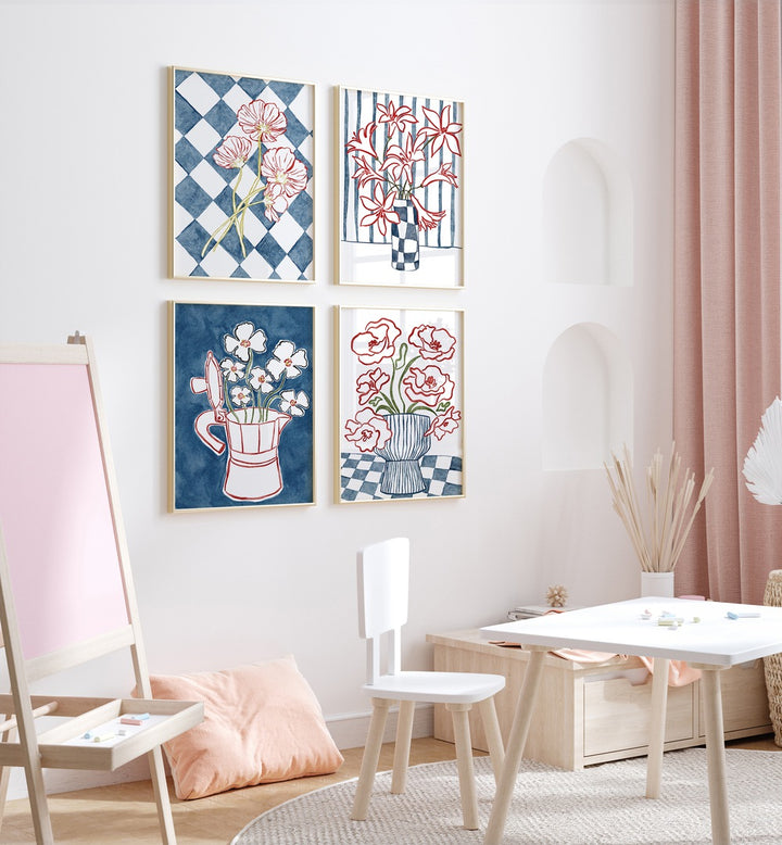 Elegant blue floral botanical gallery wall art, perfect for stylish gallery walls in any home decor.