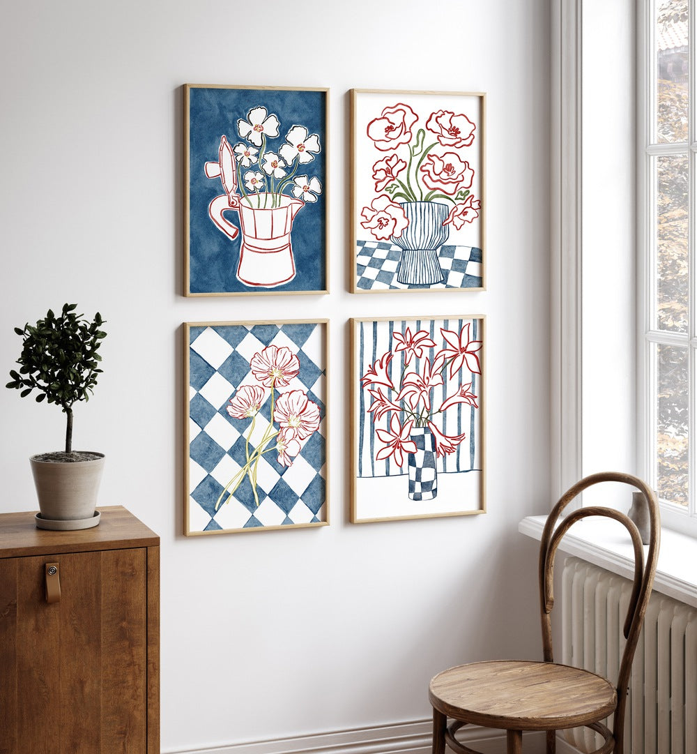 Elegant BLUE FLORAL BOTANICAL GALLERY WALL, GALLERY WALLS showcases stunning botanical art for stylish home decor.