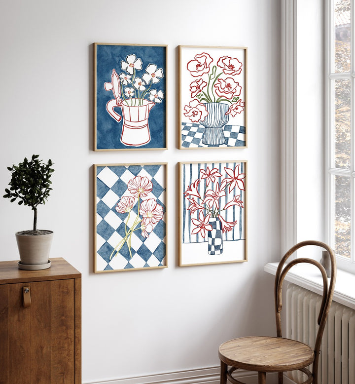 Elegant BLUE FLORAL BOTANICAL GALLERY WALL, GALLERY WALLS showcases stunning botanical art for stylish home decor.