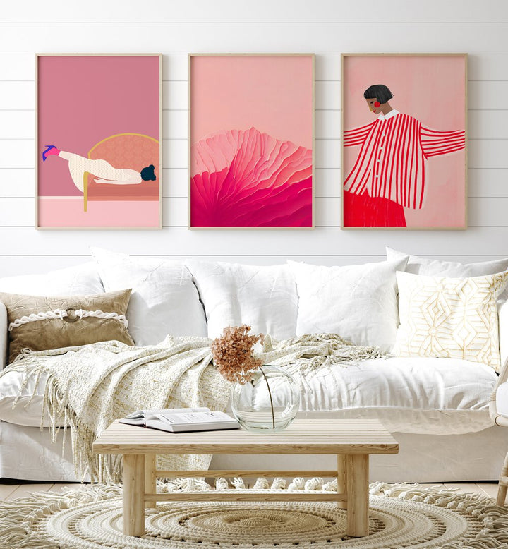 Enhance your decor with the BLUSH PINK SET, SET OF 3 PAINTINGS featuring chic blush and coral tones.