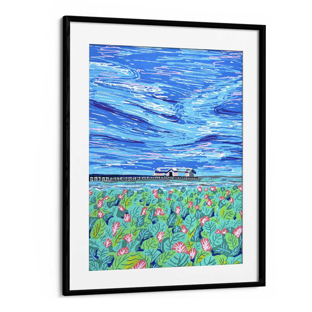 Boathouse By Key And Sea Creative Landscape Art Print in Black Frame With Mount