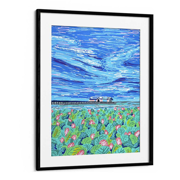 Boathouse By Key And Sea Creative Landscape Art Print in Black Frame With Mount