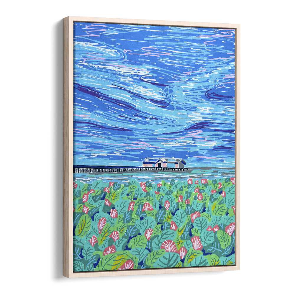 Boathouse By Key And Sea Creative Landscape Art Print in Oak Wood Floater Frame