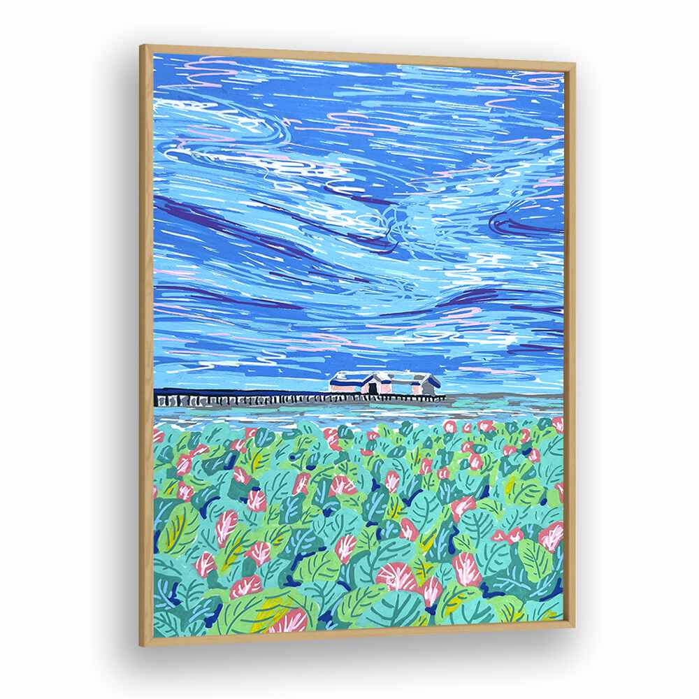 Boathouse By Key And Sea Creative Landscape Art Print in Oak Wood Plain Frame