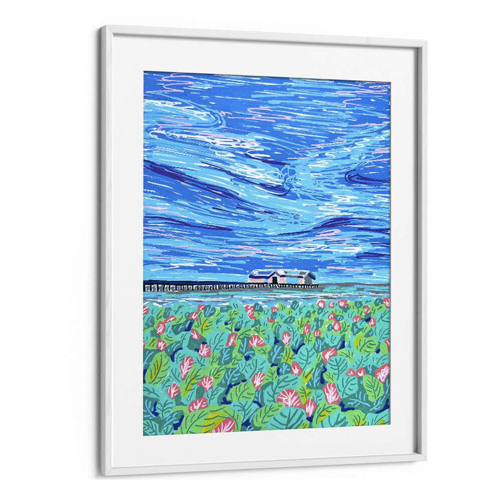 Boathouse By Key And Sea Creative Landscape Art Print in White Frame With Mount