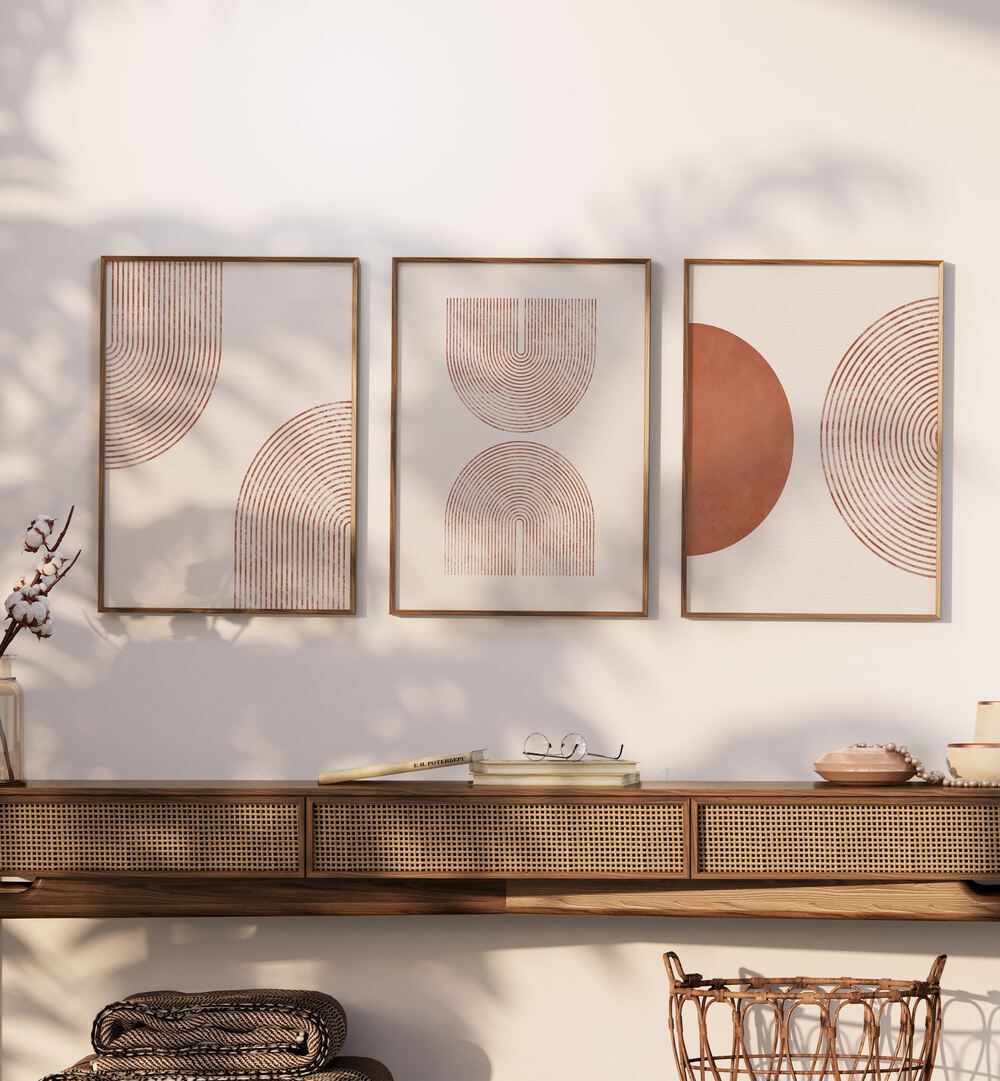 Elevate your decor with BOHEMIAN MINIMALIST ARTS, SET OF 3 PAINTINGS, featuring elegant geometric designs.