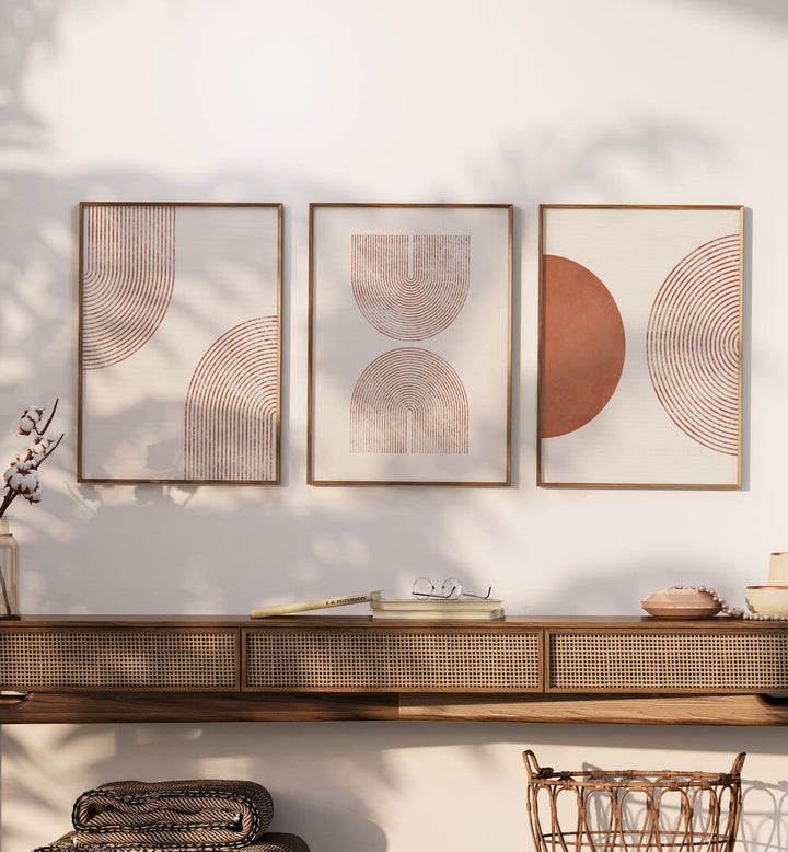 Elevate your decor with BOHEMIAN MINIMALIST ARTS, SET OF 3 PAINTINGS, featuring elegant geometric designs.