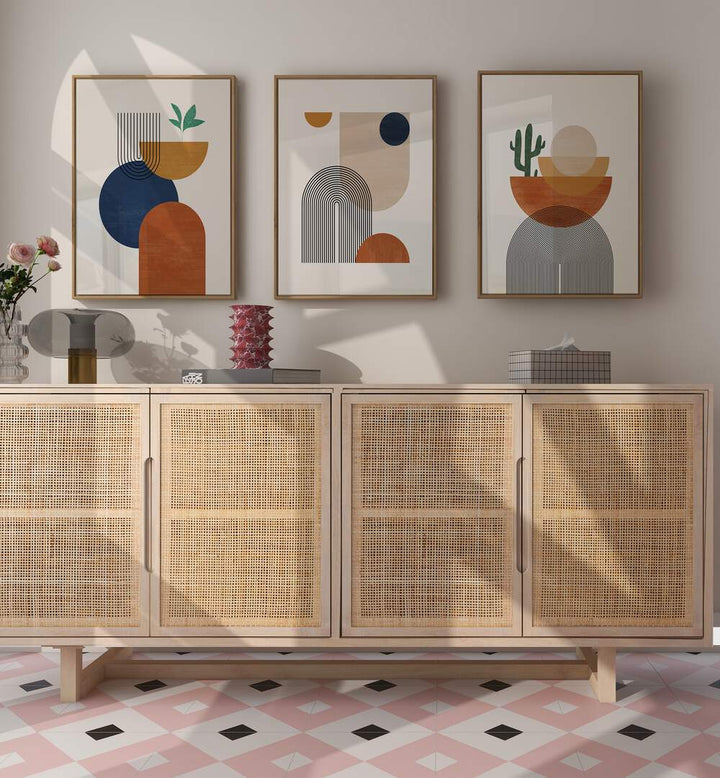 Transform your space with the BOHO DESSERT GEOMETRY, SET OF 3 PAINTINGS, showcasing vibrant mid-century modern designs.