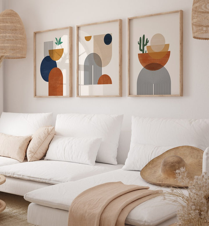 Transform your space with the BOHO DESSERT GEOMETRY, SET OF 3 PAINTINGS featuring vibrant colors and unique shapes.
