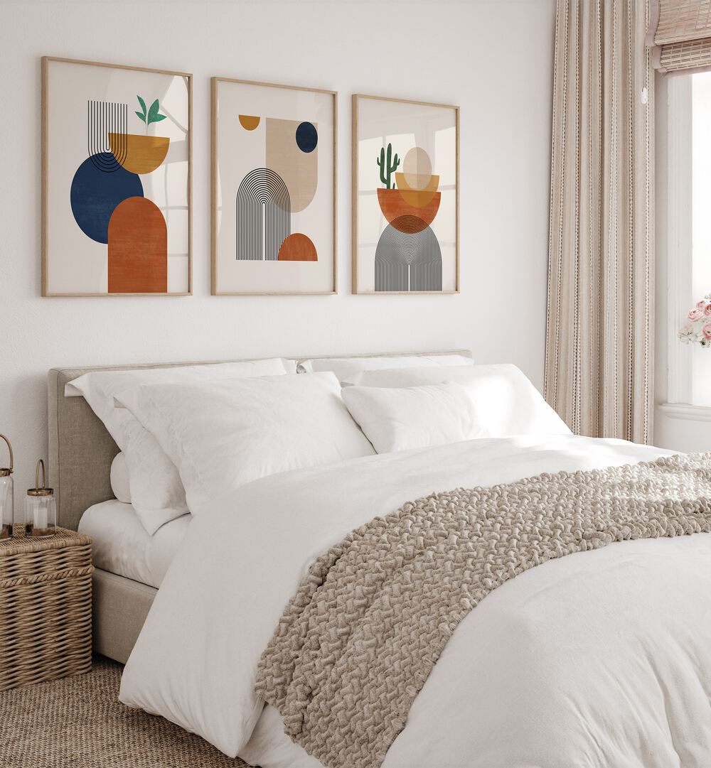 Brighten your home with the BOHO DESSERT GEOMETRY, SET OF 3 PAINTINGS, featuring vibrant colors and unique shapes.