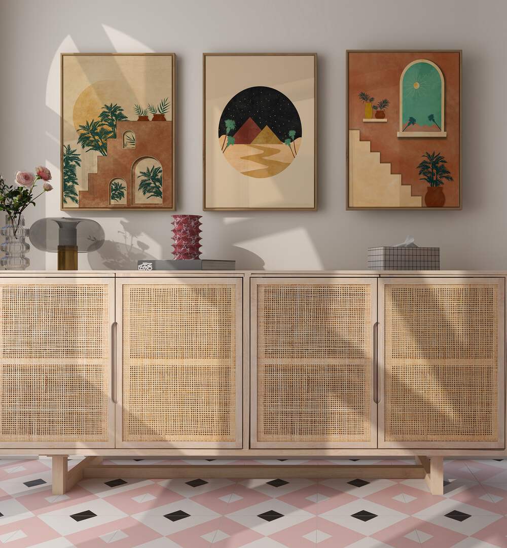 Transform your space with the BOHO DESSERT JOURNEY, SET OF 3 PAINTINGS, showcasing serene desert beauty.