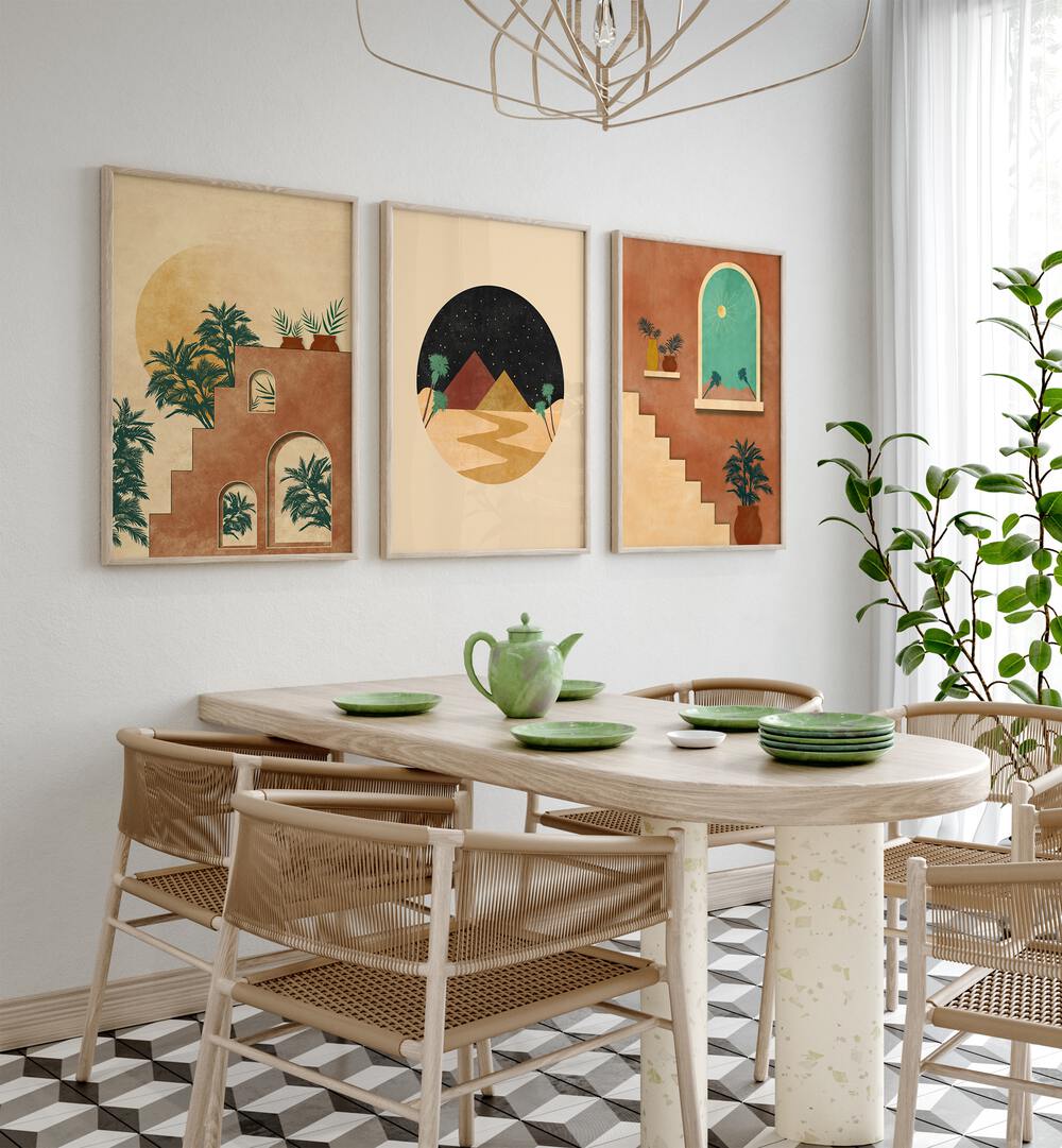 Brighten your home with the BOHO DESSERT JOURNEY, SET OF 3 PAINTINGS, showcasing serene desert-inspired art.