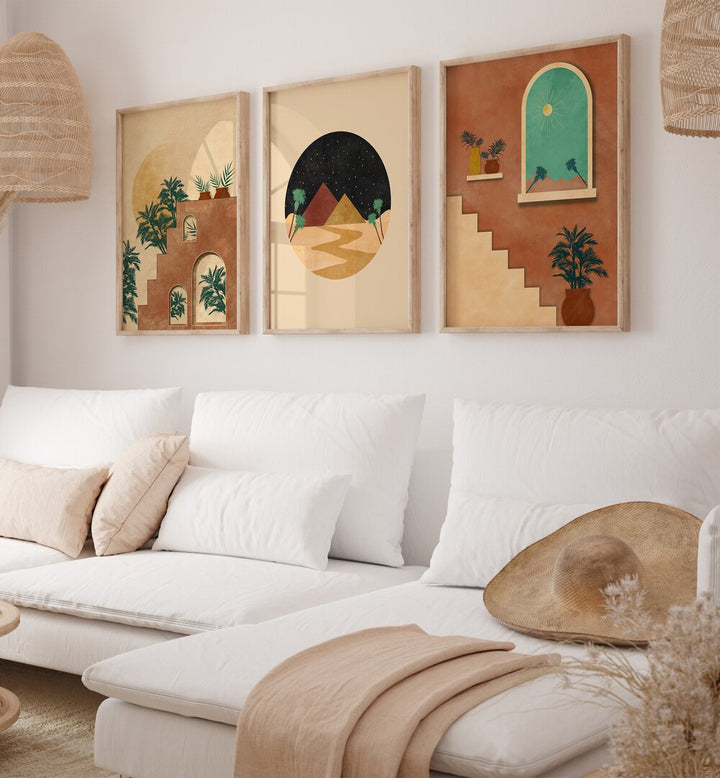 Elevate your home decor with the BOHO DESSERT JOURNEY, SET OF 3 PAINTINGS, showcasing serene desert-inspired art.
