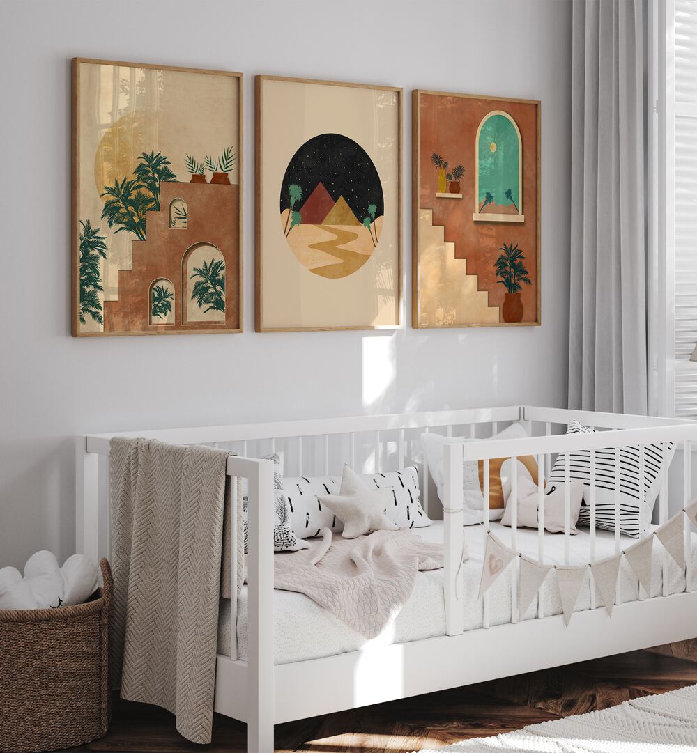 Stylish BOHO DESSERT JOURNEY, SET OF 3 PAINTINGS displayed in a serene nursery, enhancing your home's aesthetic.