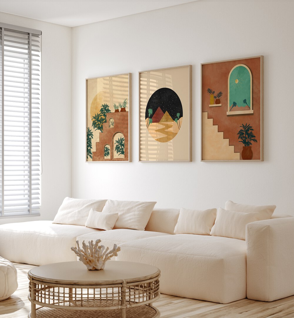 Transform your space with the BOHO DESSERT JOURNEY, SET OF 3 PAINTINGS showcasing serene desert beauty.