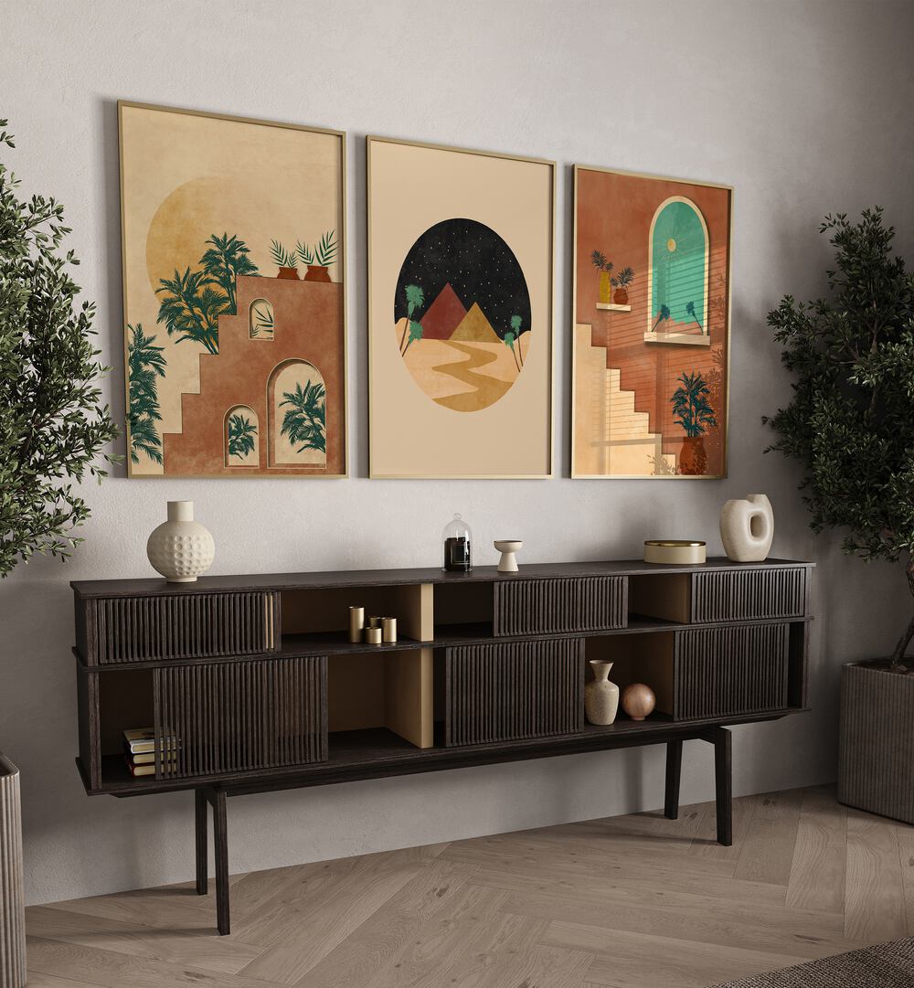 Transform your space with the BOHO DESSERT JOURNEY, SET OF 3 PAINTINGS showcasing desert-inspired art elegance.