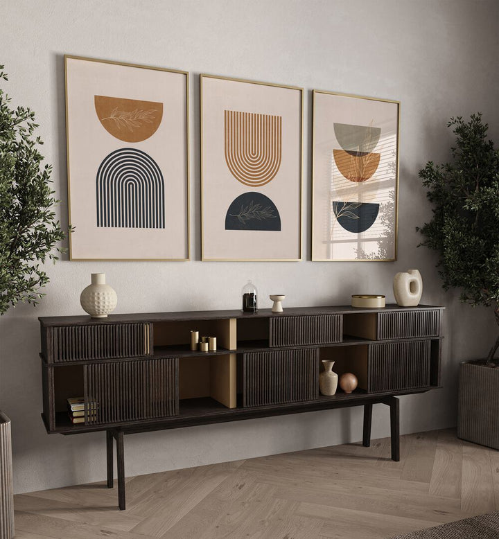 Decorate your space with the BOHO GEOMETRICAL SHAPES I, SET OF 3 PAINTINGS, showcasing unique bohemian art.