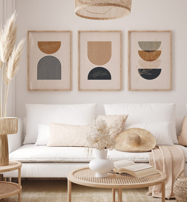 Transform your space with the BOHO GEOMETRICAL SHAPES I, SET OF 3 PAINTINGS showcasing stylish wall art.