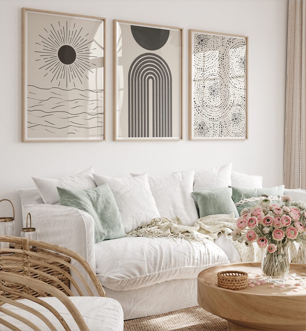 BOHO PATTERNS, SET OF 3 PAINTINGS in a cozy living room, showcasing coastal and bohemian art styles.