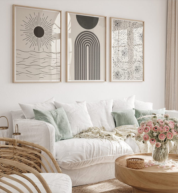 BOHO PATTERNS, SET OF 3 PAINTINGS in a cozy living room, showcasing coastal and bohemian art styles.