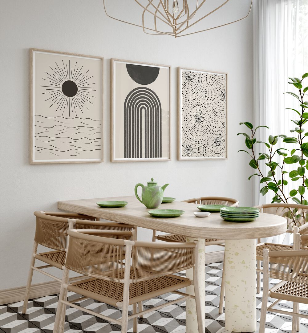 Transform your space with BOHO PATTERNS, SET OF 3 PAINTINGS featuring serene coastal and bohemian designs.