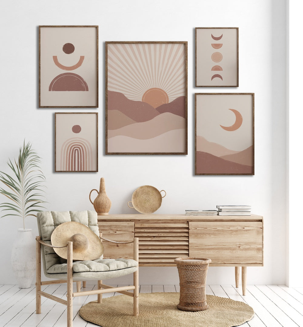 Stylish BOHO GALLERY WALL featuring framed art pieces, perfect for enhancing your living room's aesthetic.