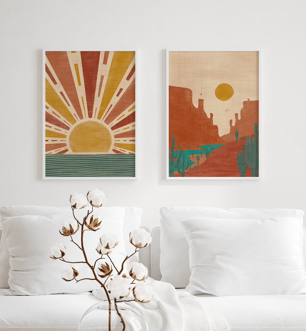 Stylish BOHO SUNRISE GALLERY WALL featuring vibrant sun and moon prints, perfect for chic GALLERY WALLS decor.