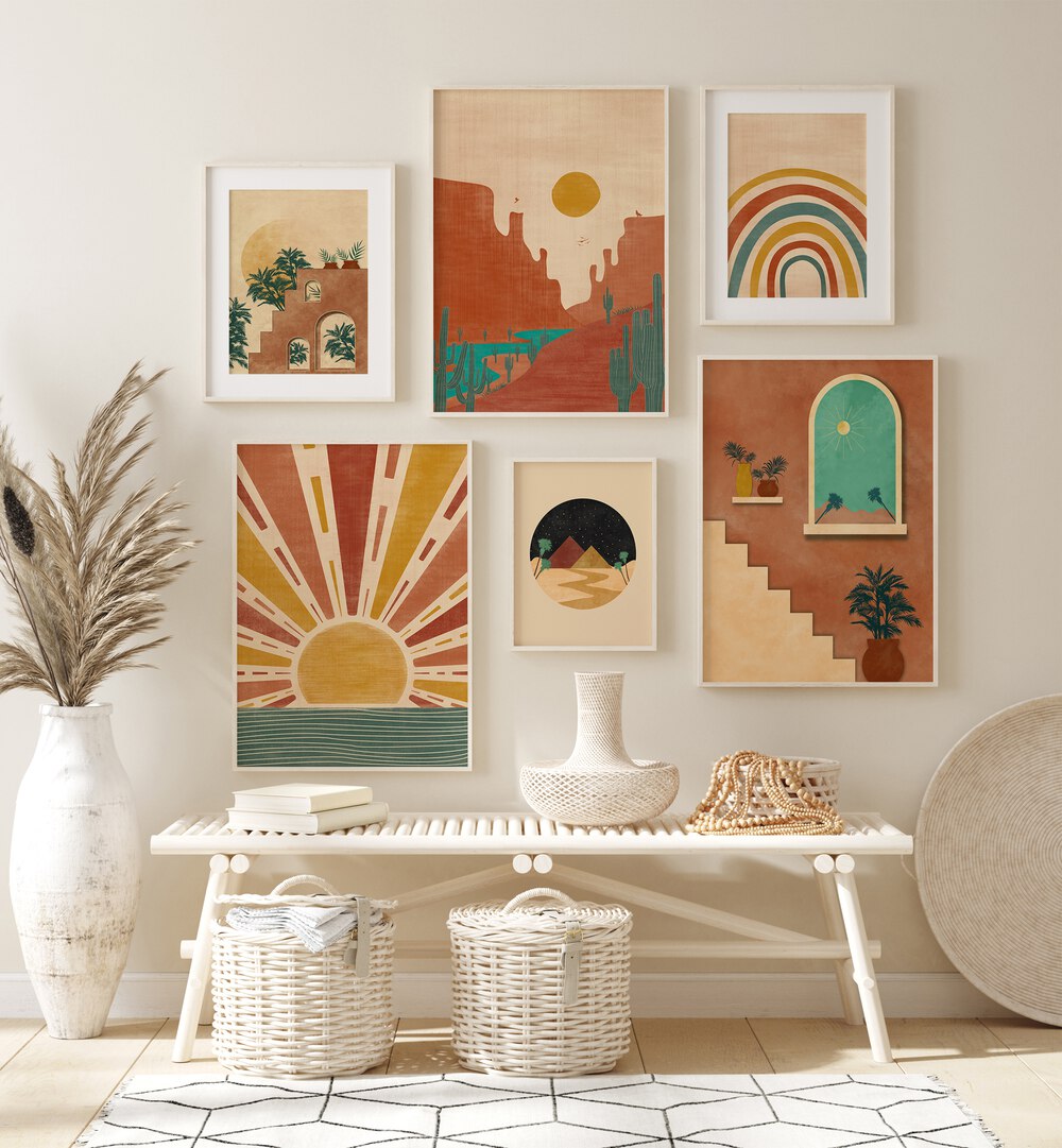 Stunning BOHO SUNRISE GALLERY WALL showcasing boho art prints with sun and moon motifs, perfect for modern gallery walls.