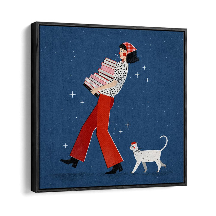 Charming BOOK LOVER, WALL ART PRINTS featuring a woman with books and a cat by Julia Leister, perfect for book enthusiasts.