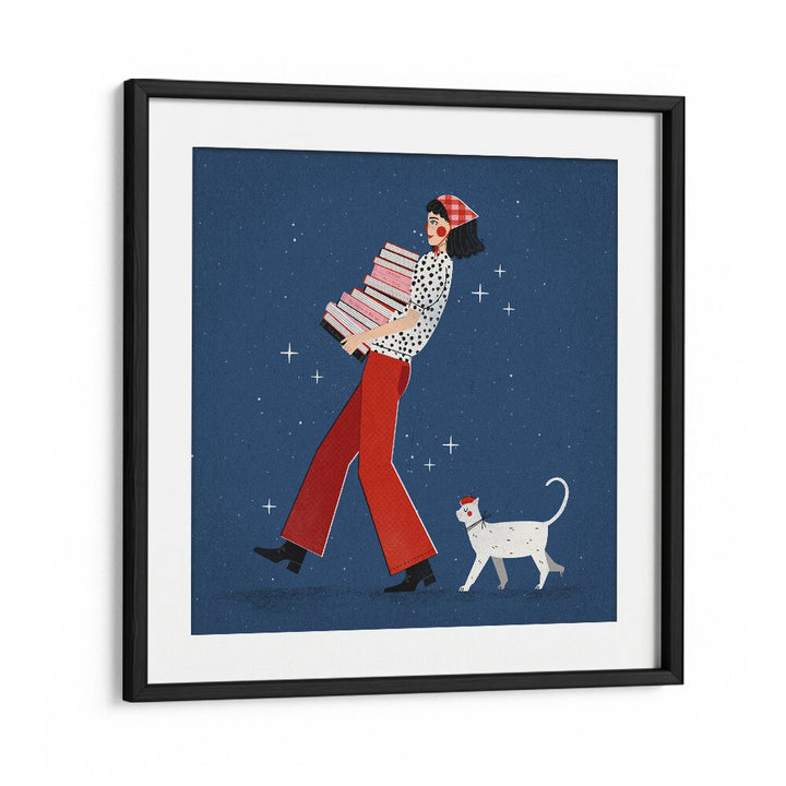 Colorful "BOOK LOVER, WALL ART PRINTS" by Julia Leister featuring a woman with books and a cat, perfect for book enthusiasts.