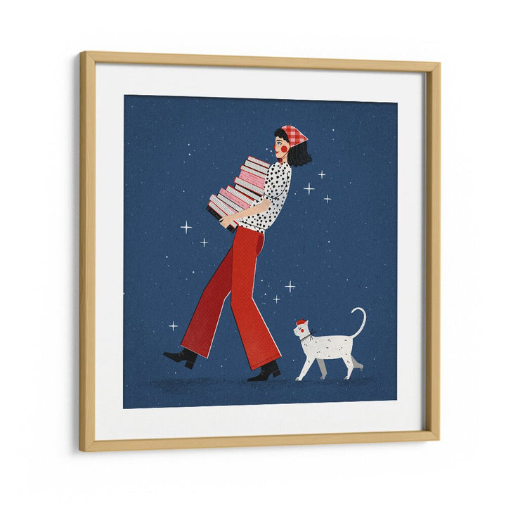 Stylish BOOK LOVER, WALL ART PRINTS by Julia Leister, featuring a book lover and her cat in a charming frame.