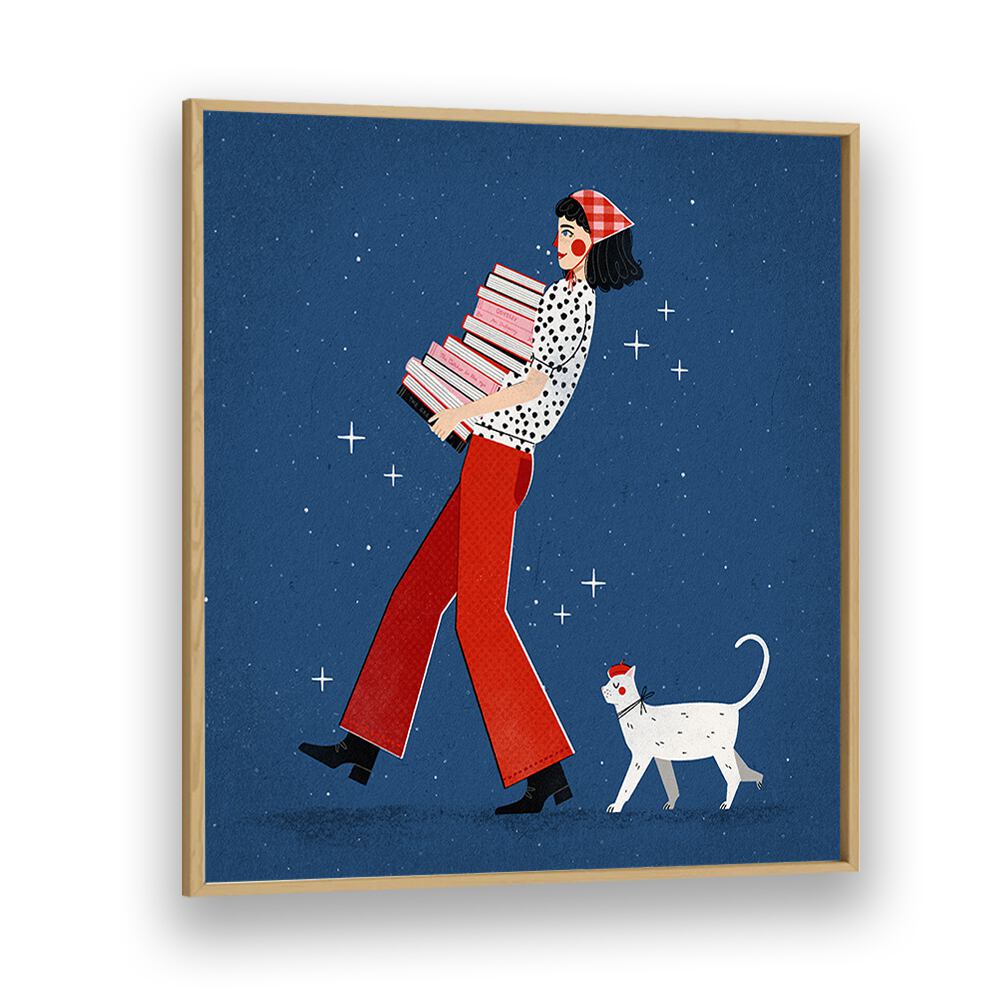 "Charming BOOK LOVER, WALL ART PRINTS by Julia Leister, showcasing a woman with books and her cat, perfect for bibliophiles."