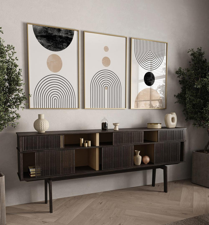 Enhance your space with the BOON BOHO LINES, SET OF 3 PAINTINGS, featuring modern boho and minimalist designs.