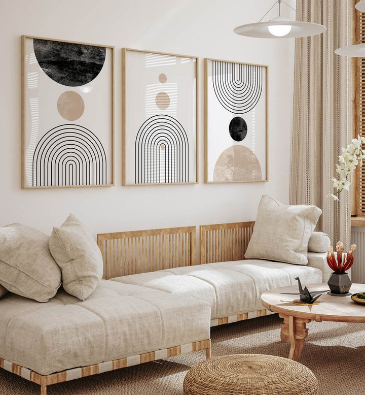 Elevate your decor with the BOON BOHO LINES, SET OF 3 PAINTINGS, featuring modern boho minimalist designs.