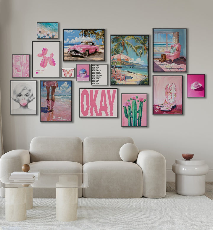 Stunning BOOTS ON THE BEACH GALLERY WALL at Asian Monk, featuring vibrant art, pink car, and serene ocean views.