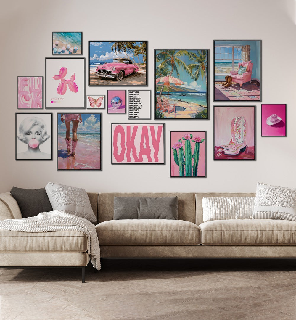 Vibrant BOOTS ON THE BEACH GALLERY WALL features pink car, ocean, and art pieces, perfect for stylish GALLERY WALLS at Asian Monk.